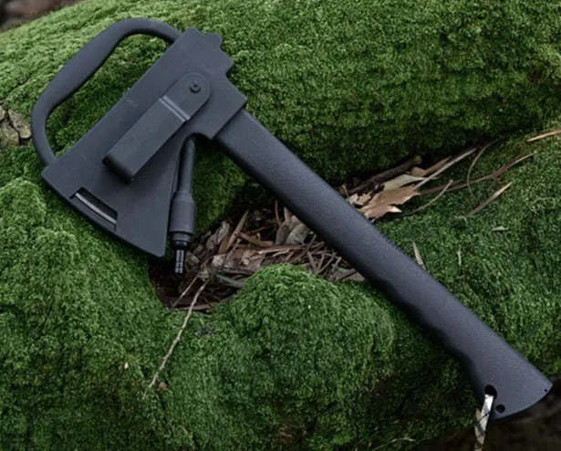 Black multifunctional outdoor survival tactical axe with stainless steel blade and K sheath, 35.3cm long, on a dark background.