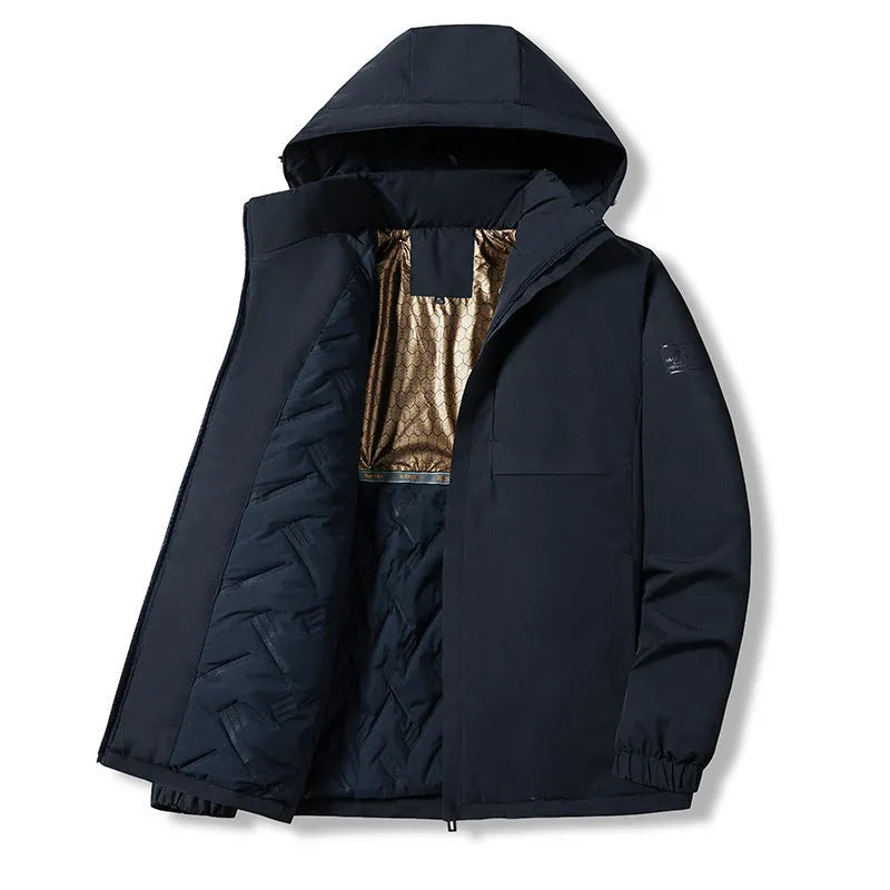 Outdoor waterproof jacket in camel colour with temperature sensing technology for autumn and winter wear