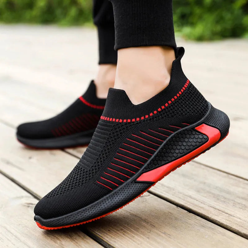Men's mesh sock slip-on sneakers with striped design and flyknit upper in black colour