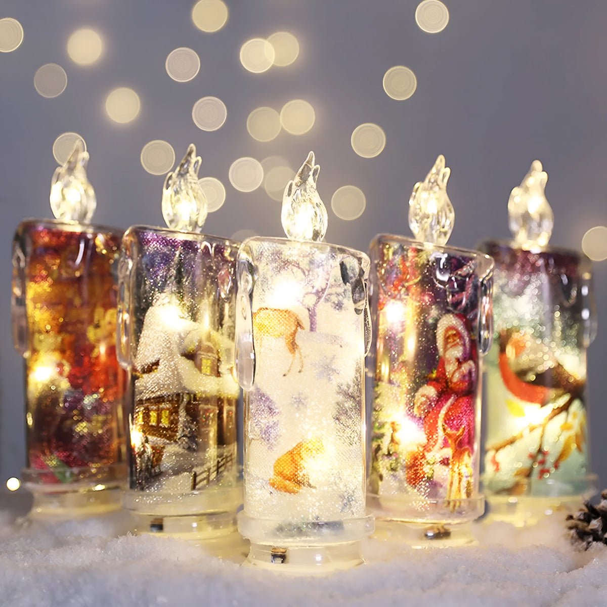 Transparent plastic Christmas electronic candle 18x6.5x6.5cm in snowman, house, magpie, bear or snowflake style