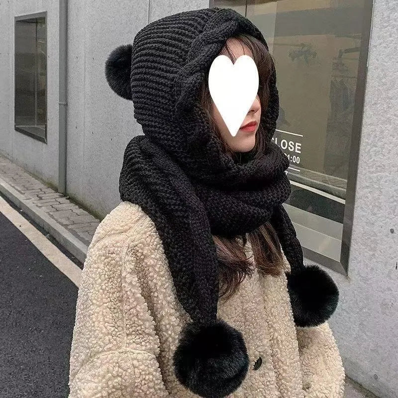 Korean-style acrylic hat with attached scarf in khaki, machine embroidery, round top