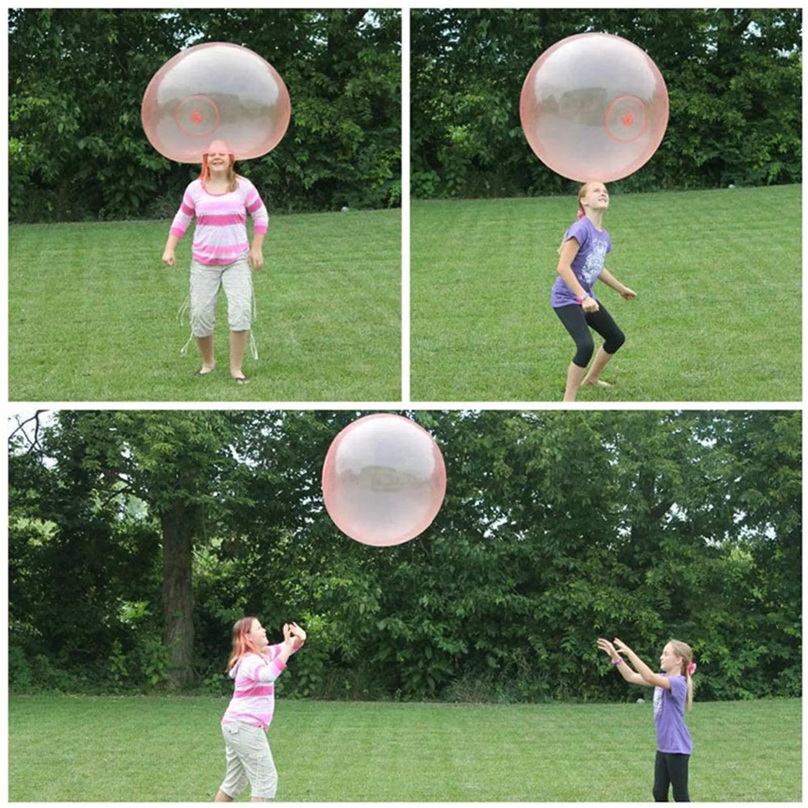 Large pink, yellow, green, and blue inflatable bouncy balls in different sizes for outdoor play.