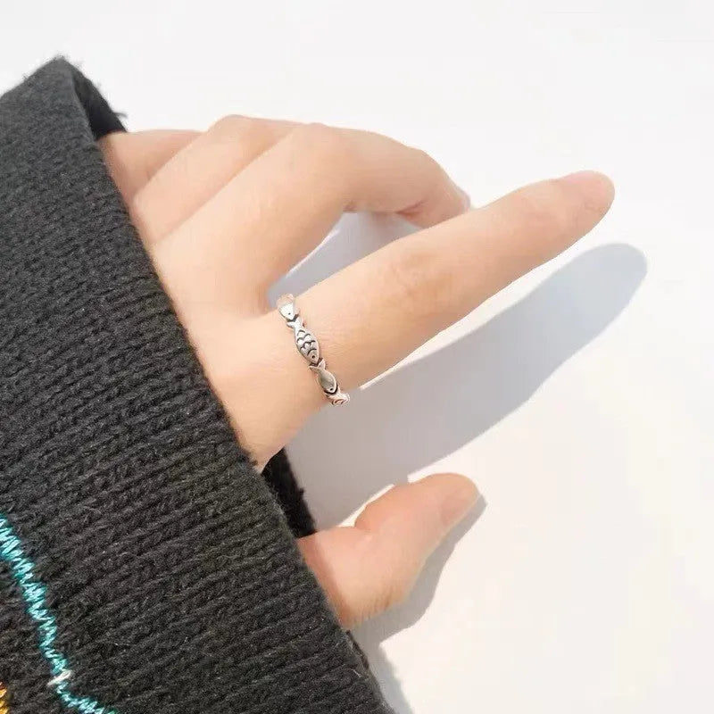Women's adjustable S925 sterling silver fish ring with carp design and open mouth construction