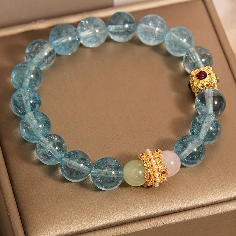 Adjustable natural crystal bracelet with blue cube sugar beads and flexible diamond ring setting in Chinese style