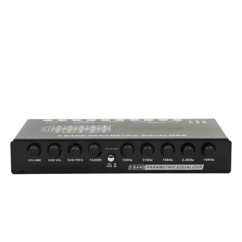 Black car audio EQ frequency division amplifier with control panel for subwoofer adjustment