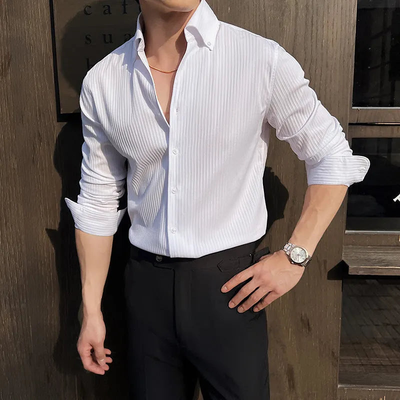 Men's striped V-neck long sleeve cardigan shirt in a chemical fibre blend.