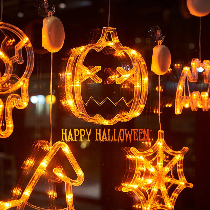 Halloween Window Hanging LED Lights with spooky designs of spiders, pumpkins, and ghosts