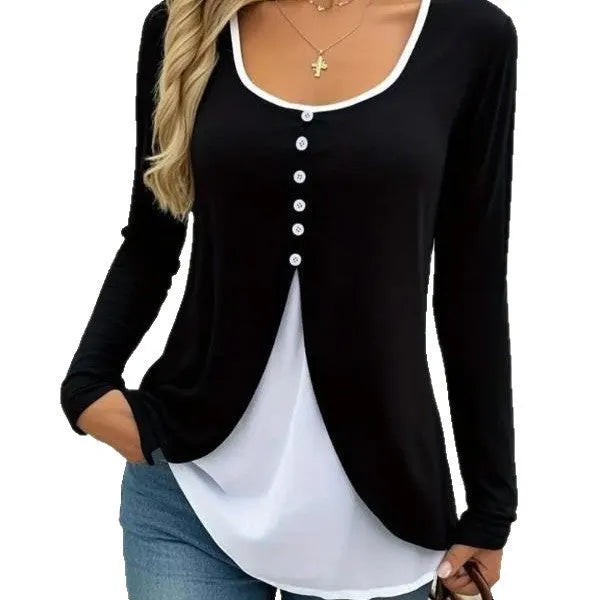 Women's two-piece long-sleeved T-shirt set in contrast colours, slim fit, sizes S-XXL