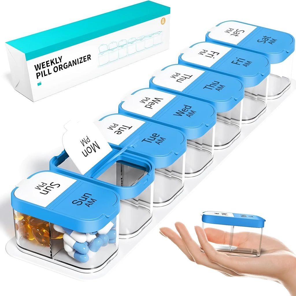 14 compartment portable pill box dispenser with removable sections in white or rainbow colours