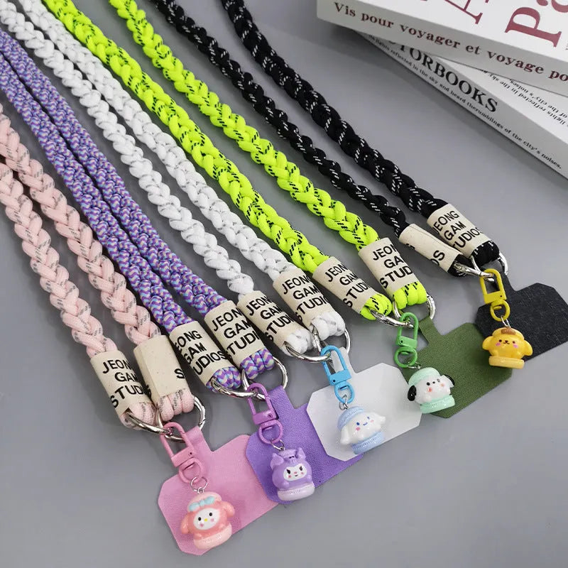 Long crossbody nylon phone lanyard with three-strand horse tail pendant and clip in assorted colours