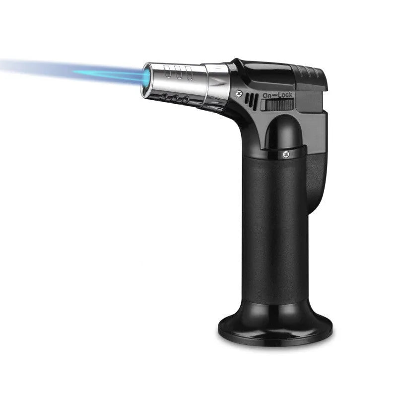 Portable straight cigar flame gun igniter in silver finish with 360° inverted ignition and butane fuel port