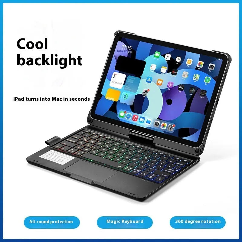 Miaocontrol rotating Bluetooth keyboard for iPad in rose gold, silver, or black showing 360-degree adjustment