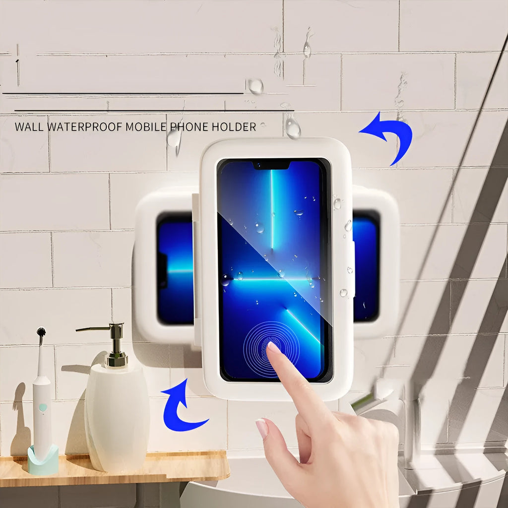 Waterproof phone holder for shower with touch screen and anti-fog window in black, pink, or white