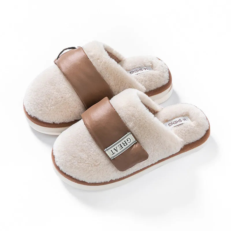 Beige plush cotton indoor slippers with Velcro strap and non-slip plastic sole.