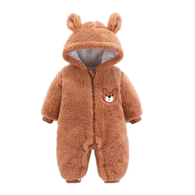 Flannel zipper bear baby jumpsuit for newborn in blue on white background showing full front view