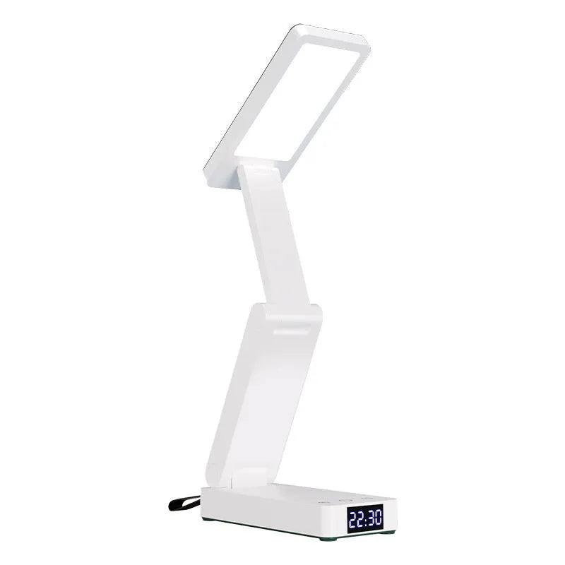 White portable desk lamp with charging cable, lithium battery, small clock, and adjustable colour wire for eye protection during learning