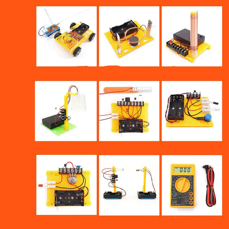 Assembled DIY electronic science set showing a solar fan, hand generator, simple motor, and music doorbell on a table