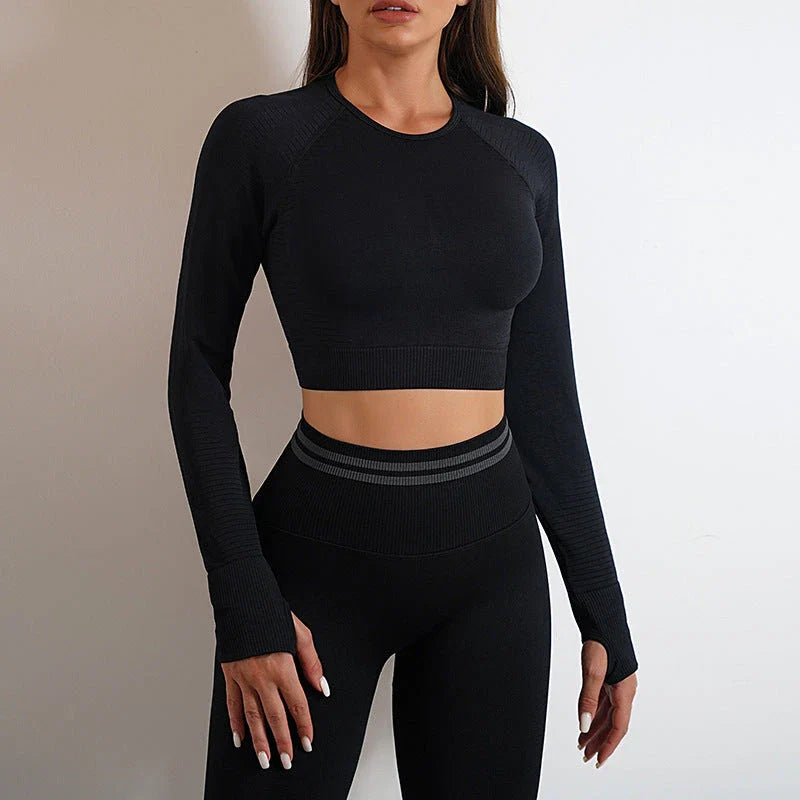 Premium seamless activewear collection featuring nylon tops, leggings, and suits in various colors