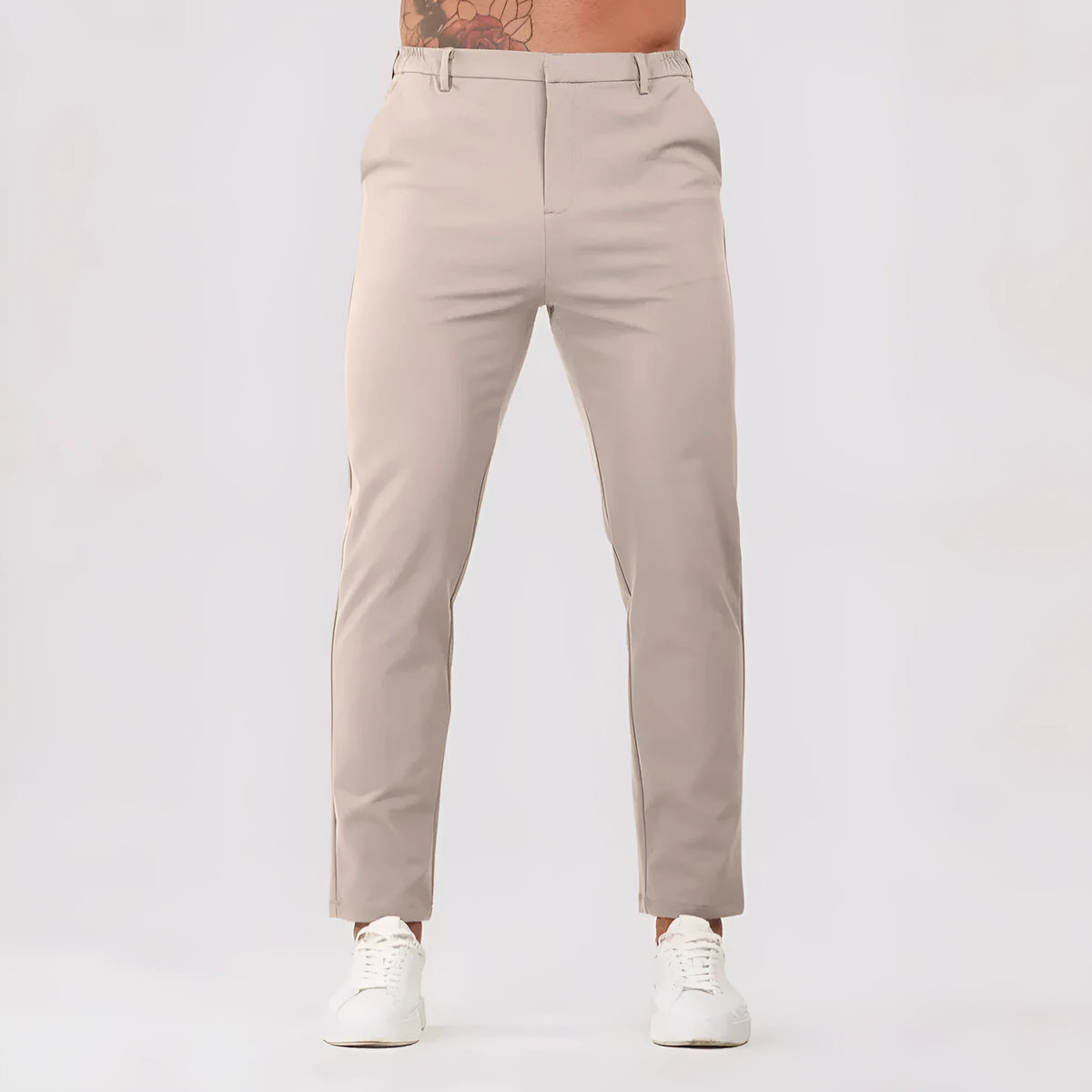 Solid colour casual men's suit pants with straight leg and button fly in black