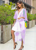 Light purple lace embroidery beach cover-up dress with a polyester and cotton blend construction.