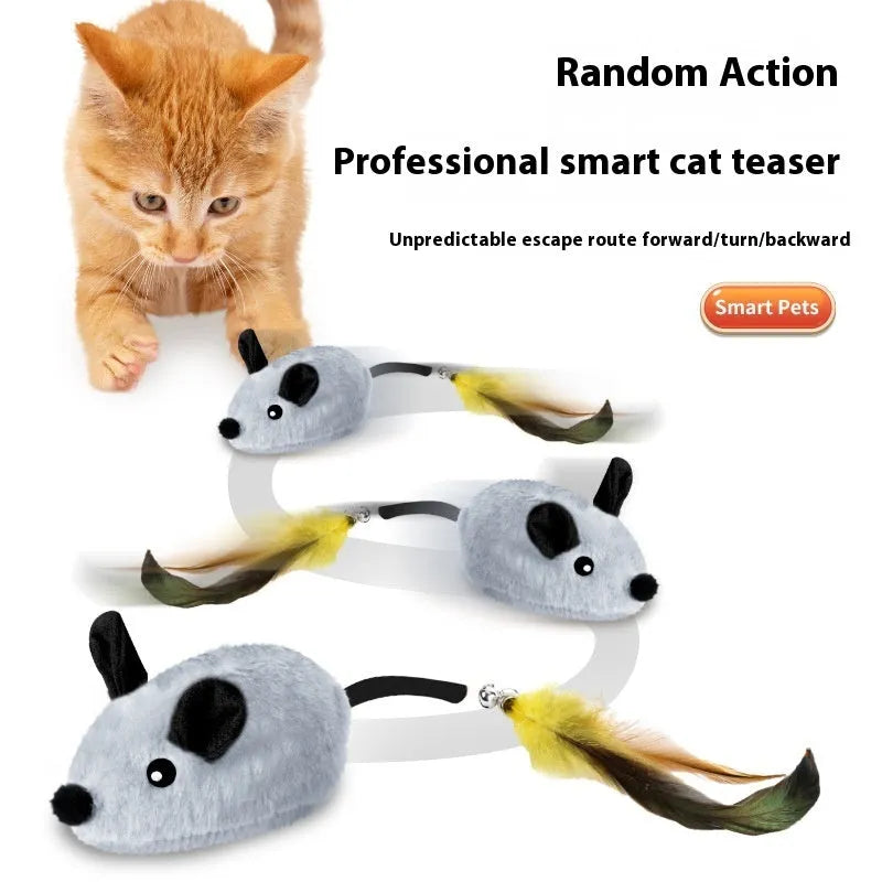 Grey charging simulation electric mouse cat toy with double tail decoration and feather attachment
