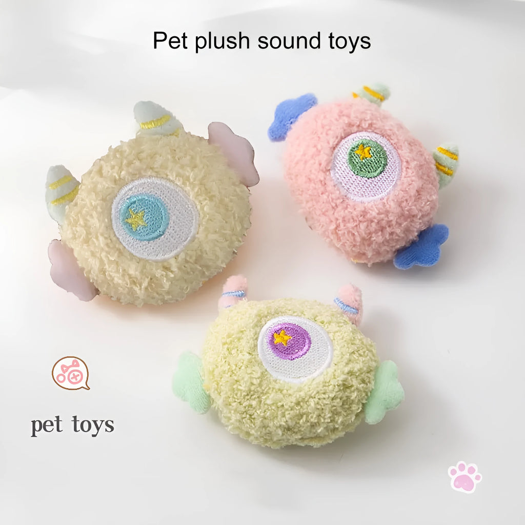 Cartoon-shaped plush dog toy with big eyes and built-in squeaker for interactive play