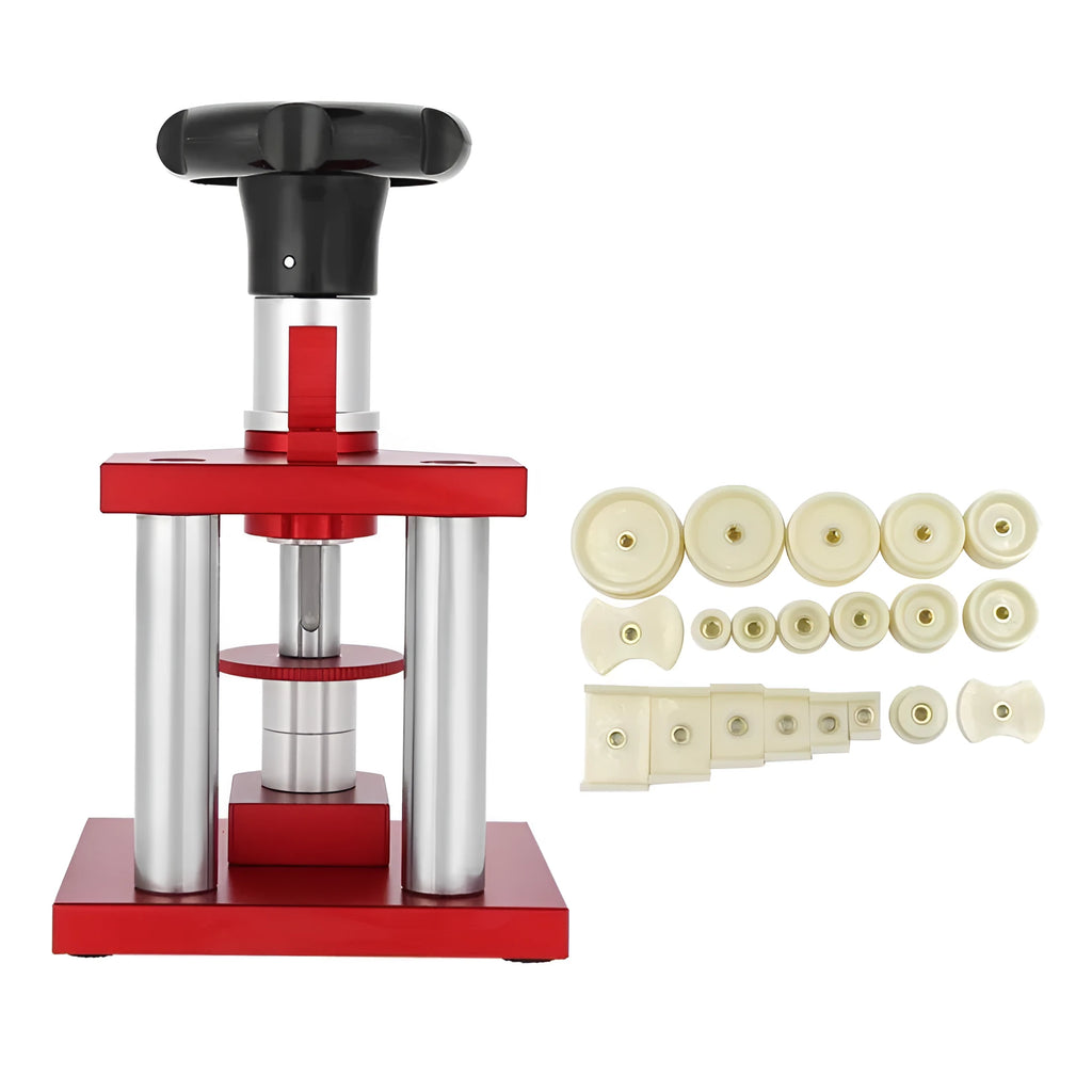 Watch repair spiral cap presser tool with set of 20 plastic moulds for back cover installation