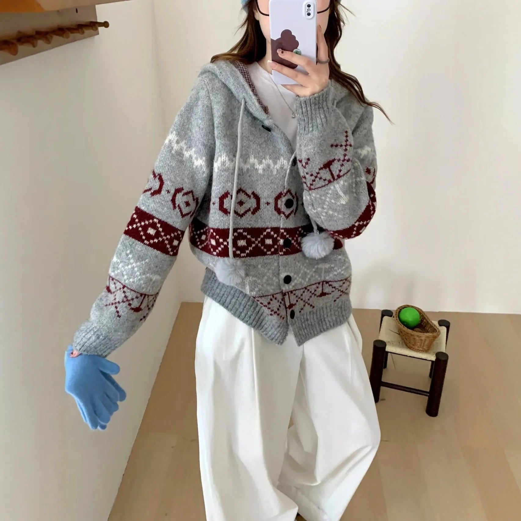 Beige geometric pattern brocade sweater coat for women, loose fit with long sleeves.