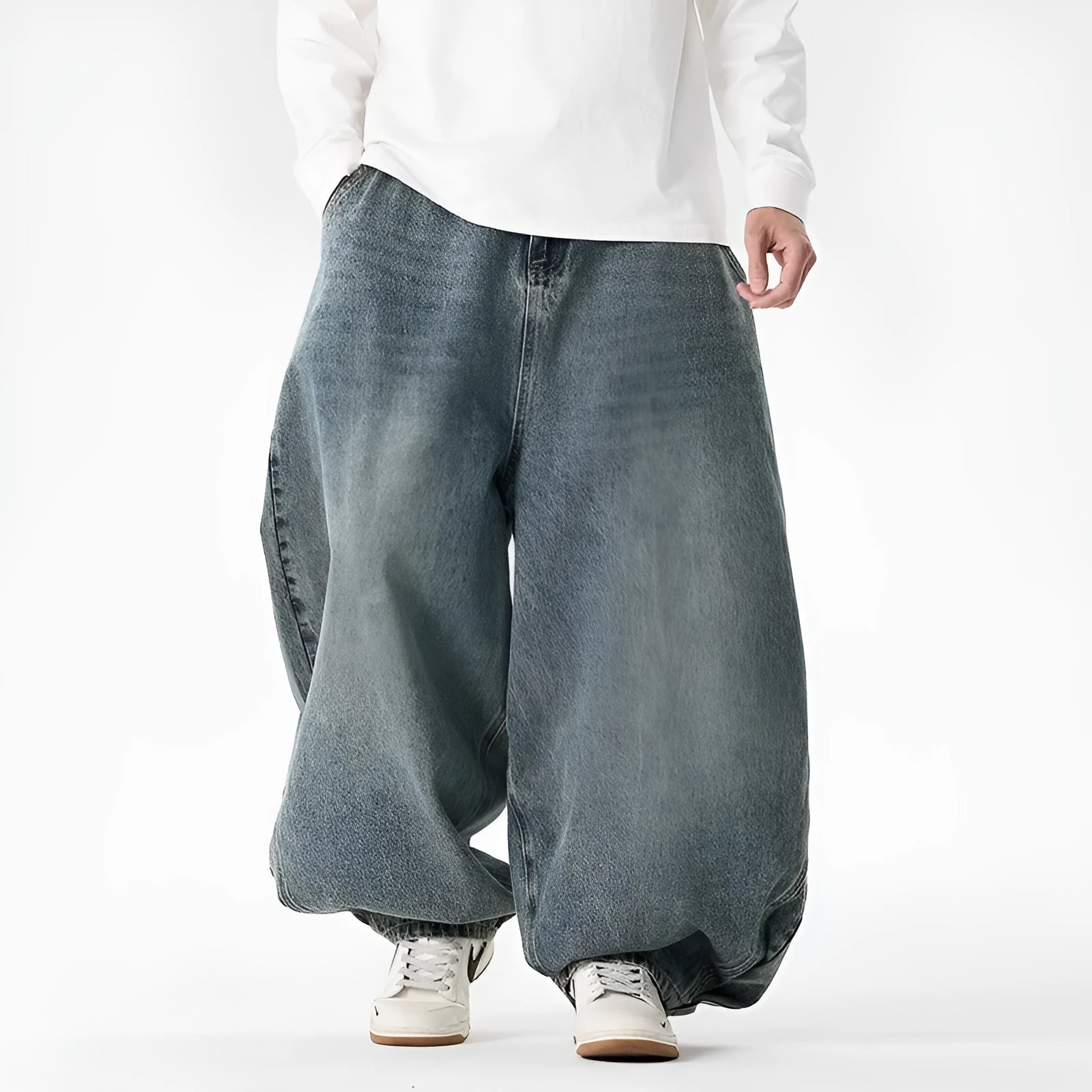 Men's plus size wide leg jeans in denim fabric with straight leg openings and low waist design