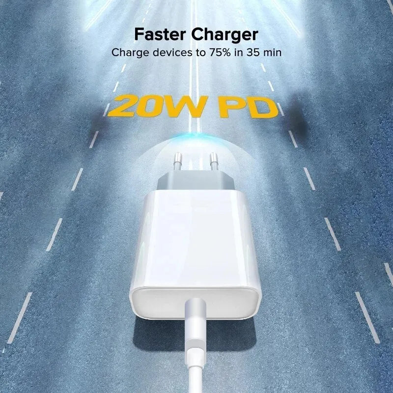White 20W PD charger with USB-C port and international plug adapters