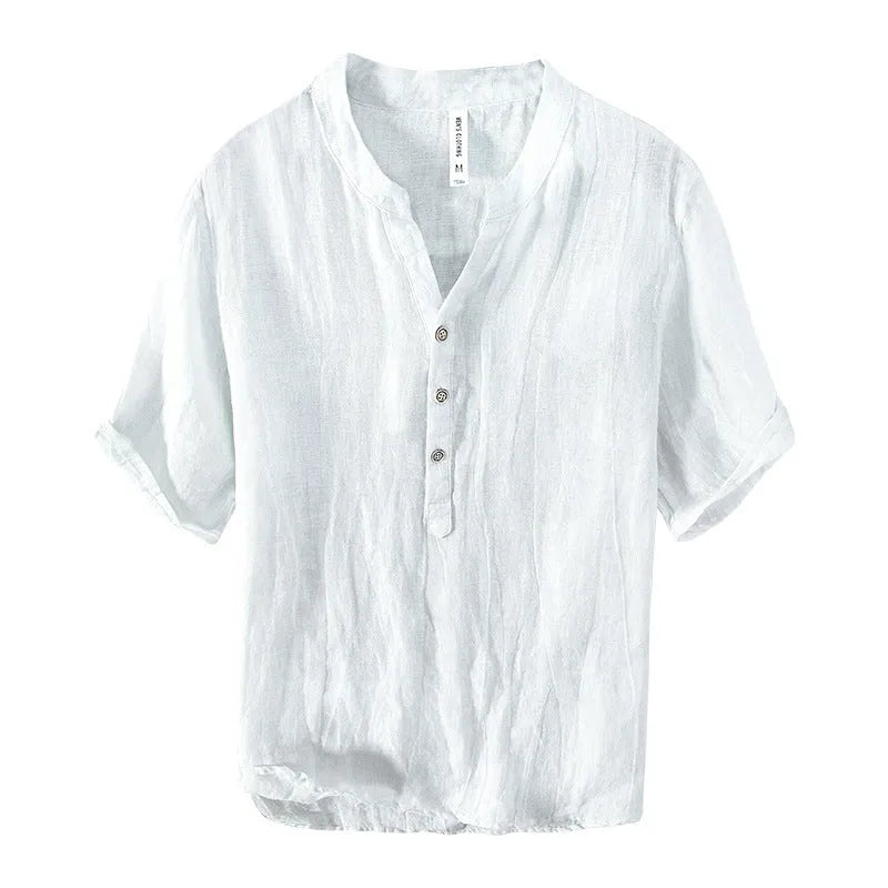Women's grey linen short sleeve pullover top on a hanger