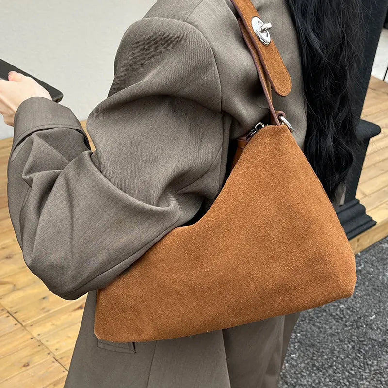 Women's genuine leather suede underarm baguette bag with sandwich pocket in deep coffee, 32x20x10cm
