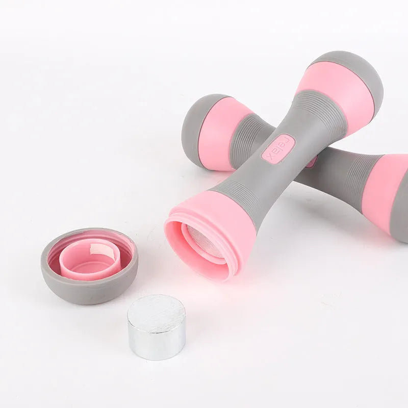 Pair of 2kg steel core TPR coated aerobics dumbbells in pink and blue on white background