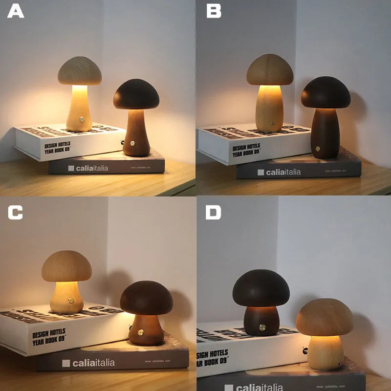 Wooden mushroom LED night light with touch switch, beech or walnut colour, 165 x 100 mm bedside lamp