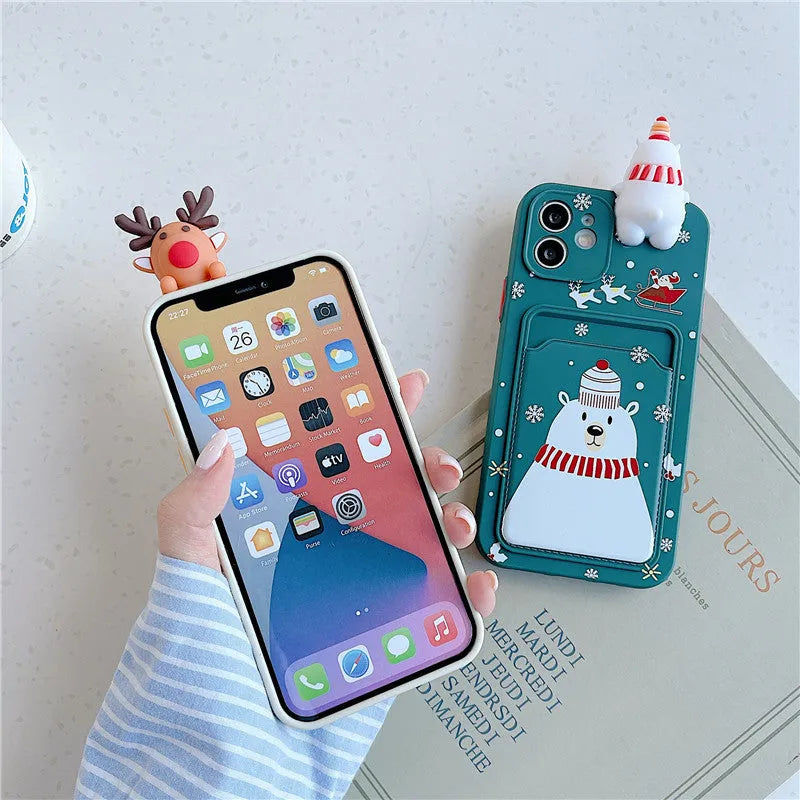 Christmas silicone iPhone case with card bag in black, purple, green or white for listed iPhone models