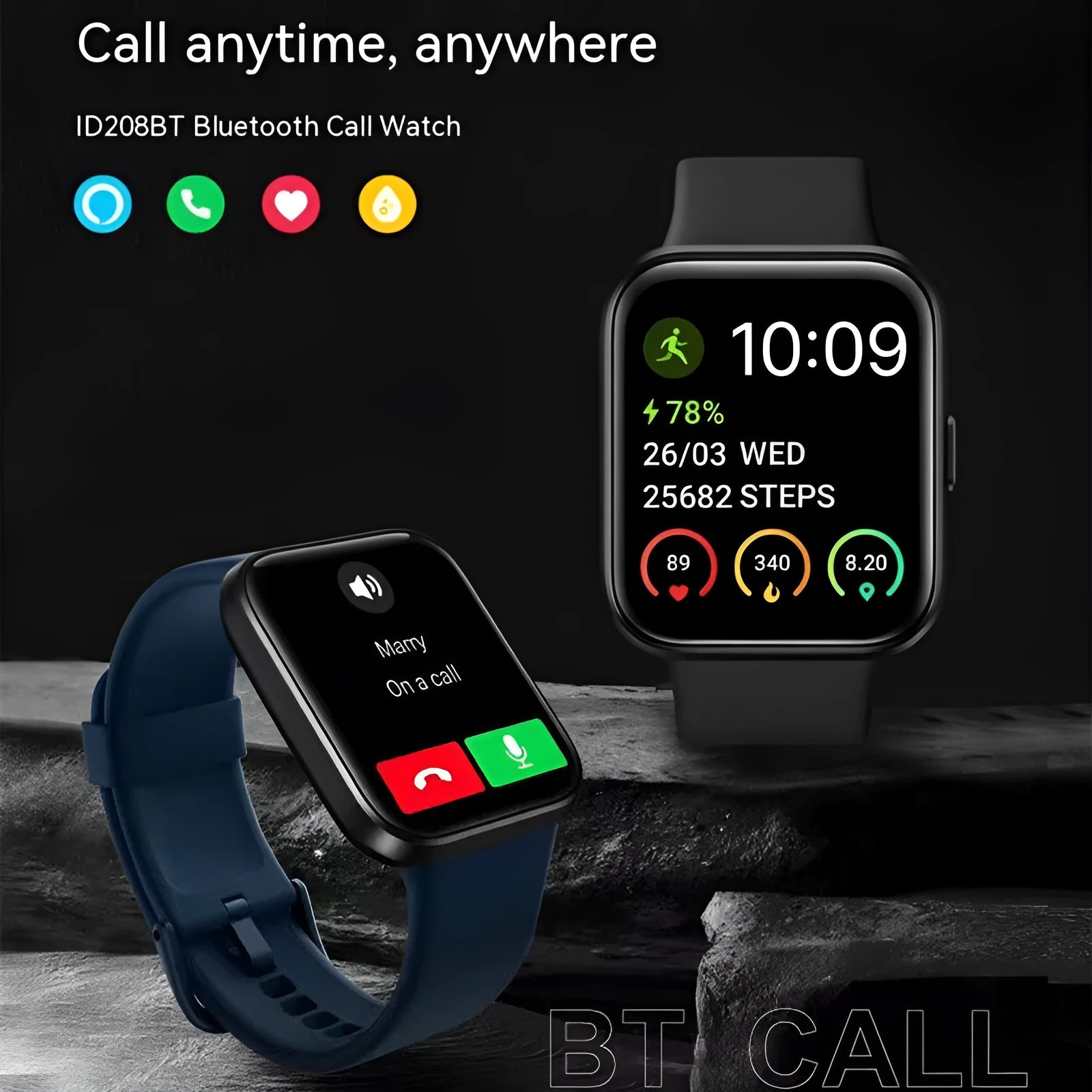 Smart watch with Bluetooth calling functionality in black, blue, green or pink colour options