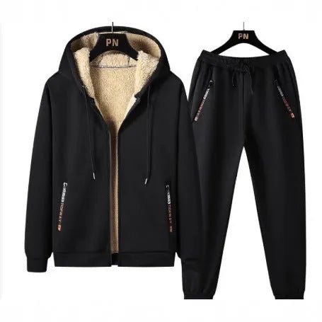 Men's black plus size suit set with long-sleeve coat and trousers, polyester fabric, wool lining