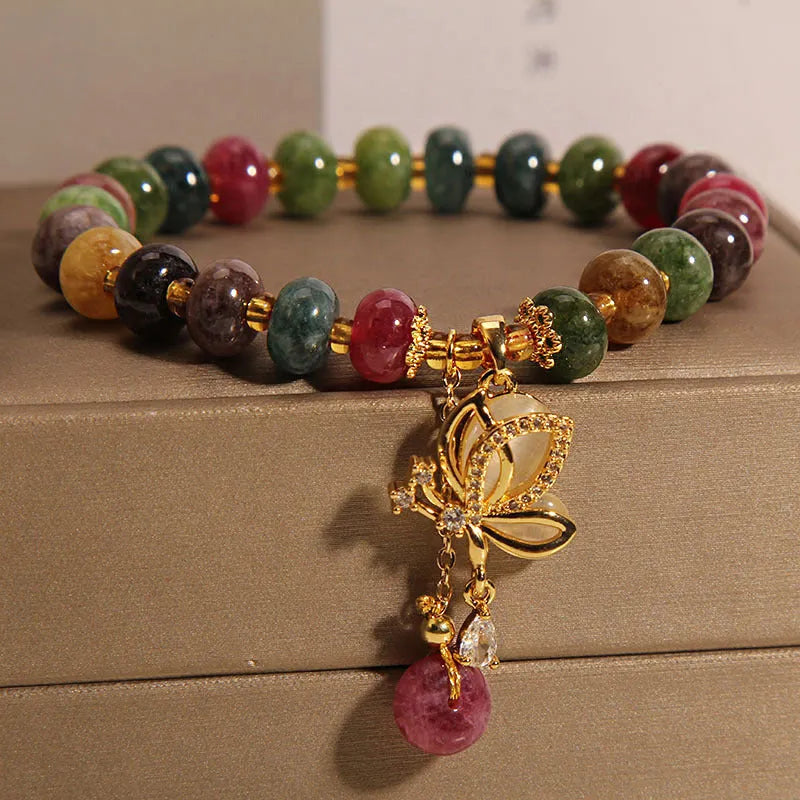 Colourful women's bracelet with alloy butterfly charm and tourmaline beads for casual wear