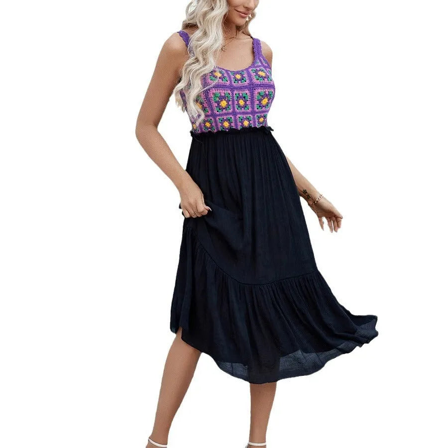 Purple hand-hooked floral stitching sleeveless dress for adult women in free size