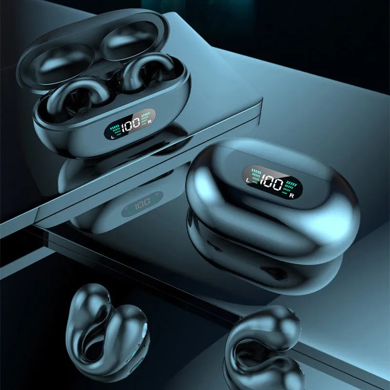 Q80 clip bone conduction Bluetooth headset in black, white, or khaki, showing ear clip design.