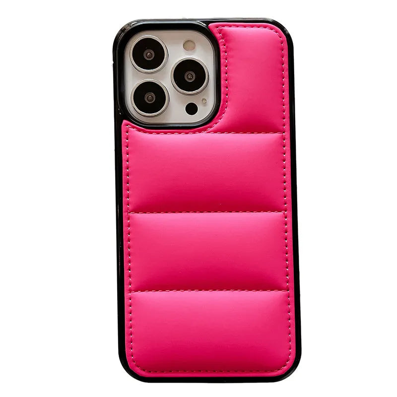 Candy Down Jacket shaped solid colour iPhone case in black, white, rose red, and green.