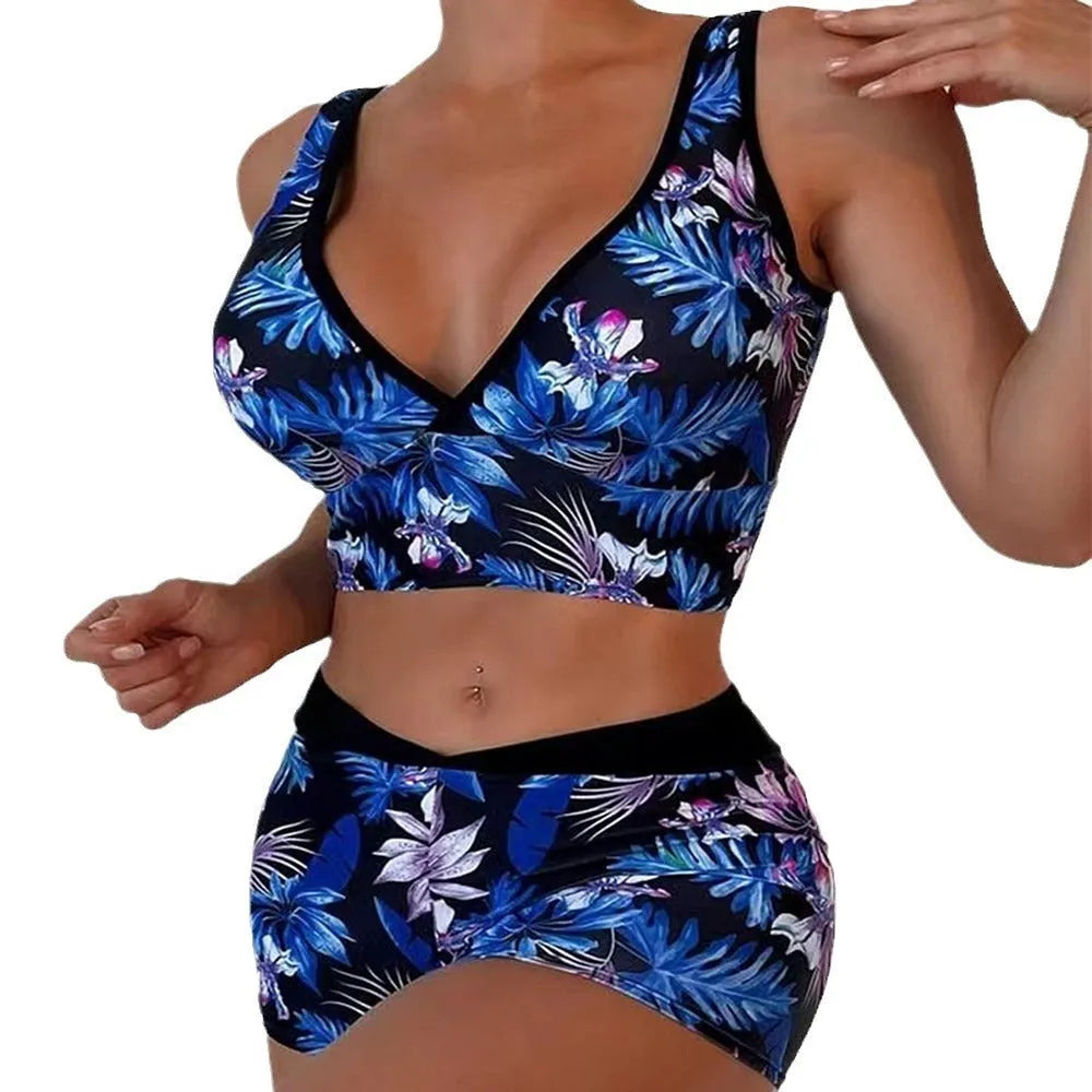 Women's two-piece swimsuit set with printed boxer-style briefs and sleeveless top in a multi-colour design.