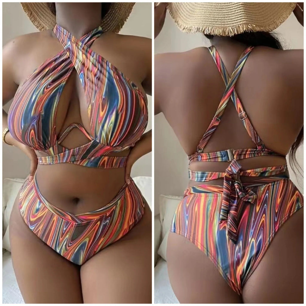 Women's floral pattern high waist bikini swimsuit in plus sizes