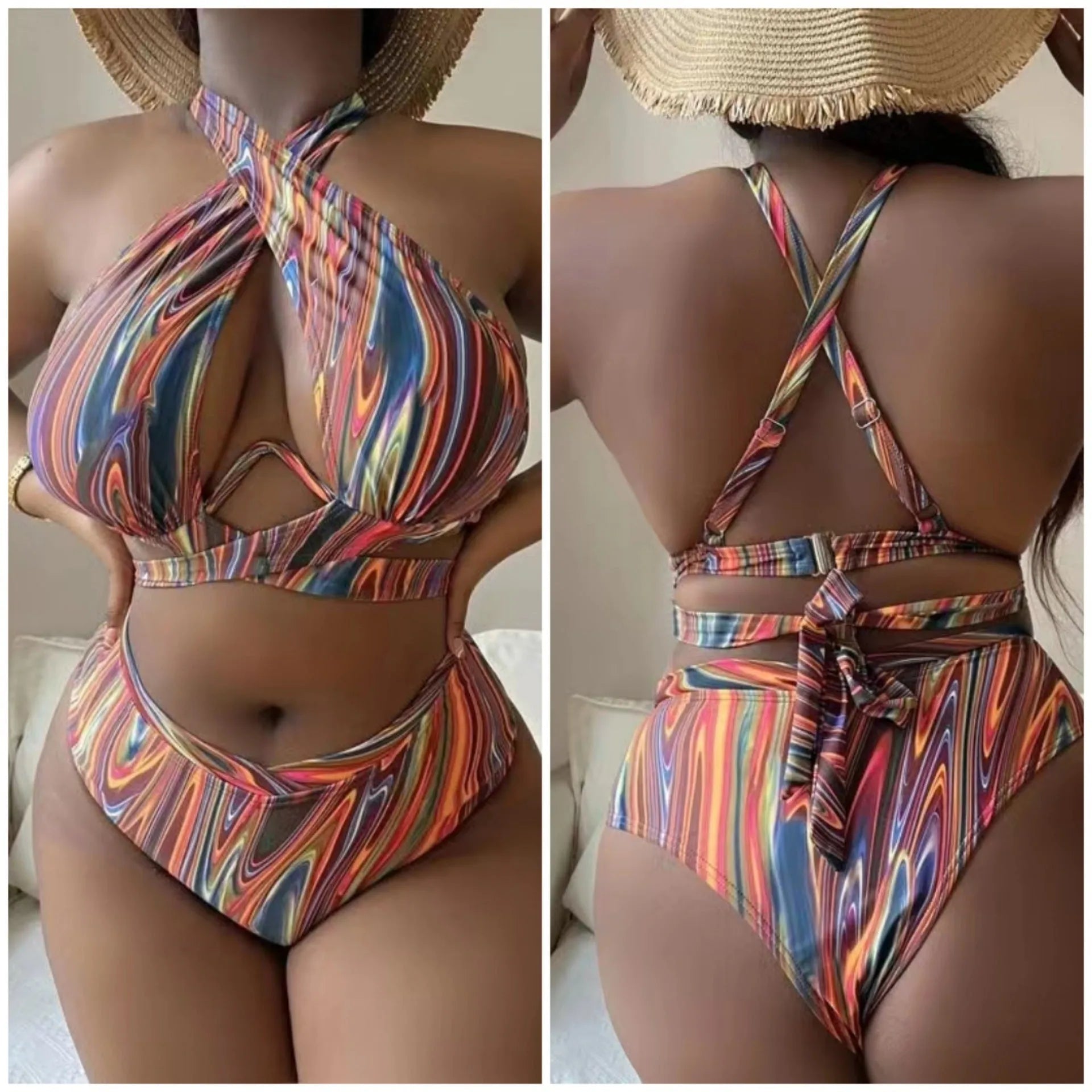 Women's floral pattern high waist bikini swimsuit in plus sizes