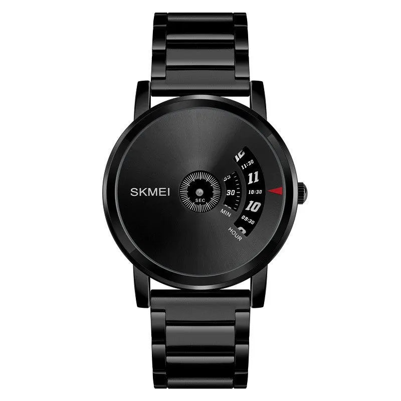 Men's business watch with 39mm dial, alloy case, stainless steel watch-buttom, and steel belt in silver or black.