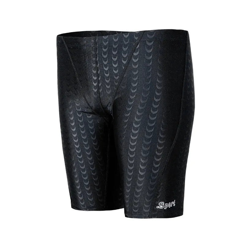 Men's solid colour shark skin texture waterproof swimming trunks for surfing, shown in sizes XL to 4XL.