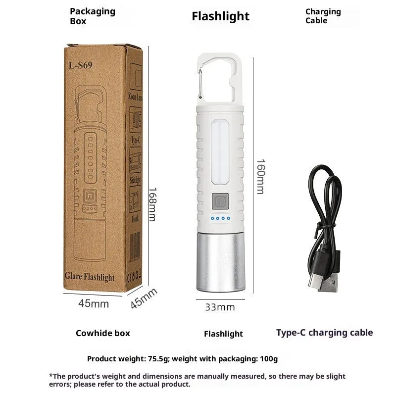 High-power flashlight with telescopic optical zoom, ABS body and keychain fitting