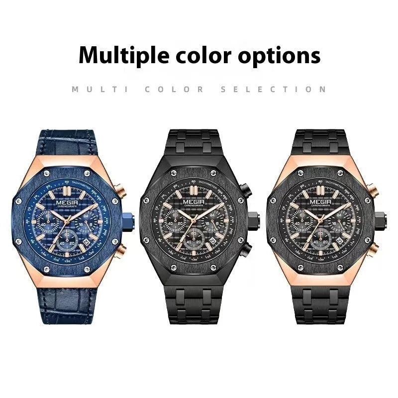 Men's waterproof quartz analogue watch with a steel belt, shown in blue, black, and rose gold-edge colour options.