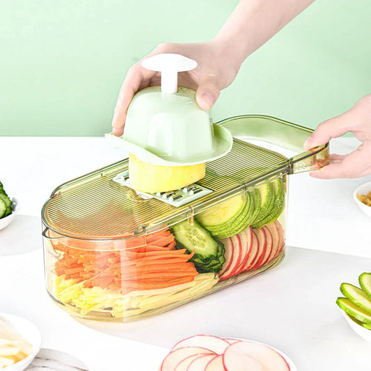 Multifunctional vegetable chopper with interchangeable stainless steel blades, water filtration port, and transparent body