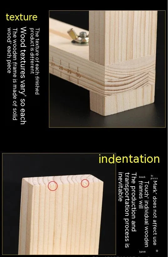 Solid wood handmade weaving machine rack with totem pattern, shown with weaving clips.